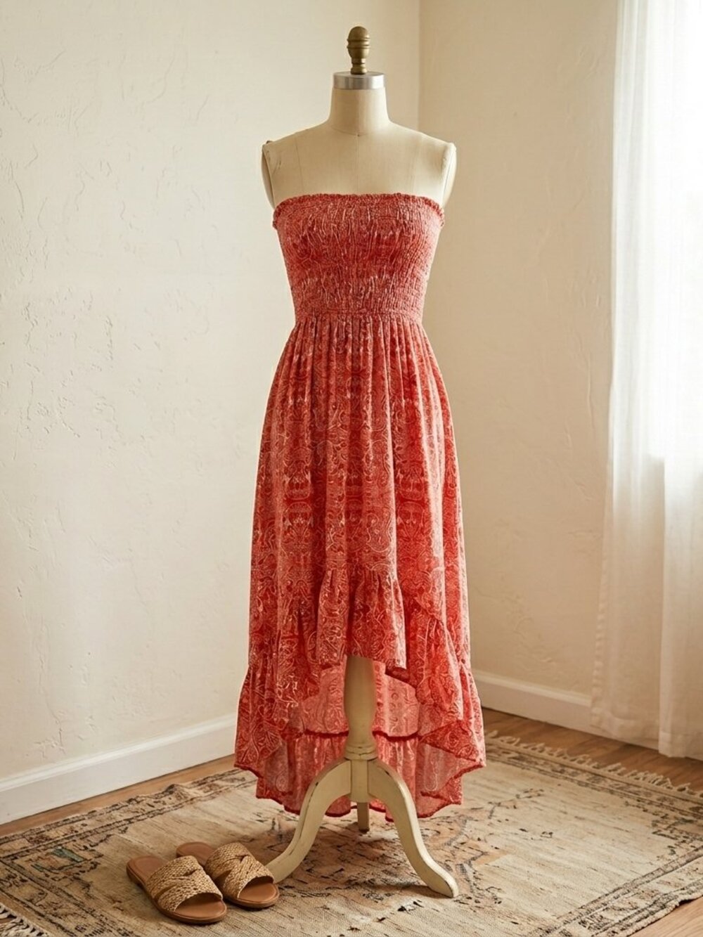 Pop of Red Paisley Strapless High Low Mini Dress Festival Boho Small Cotton On